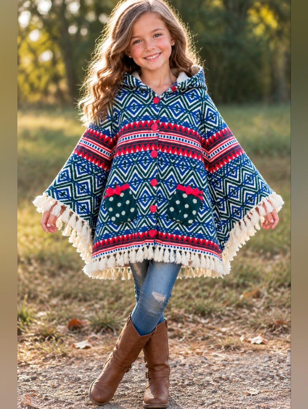 Matilda Jane A Caroling We Go Blue & Red Geometric Hooded Fringe Sweater Poncho